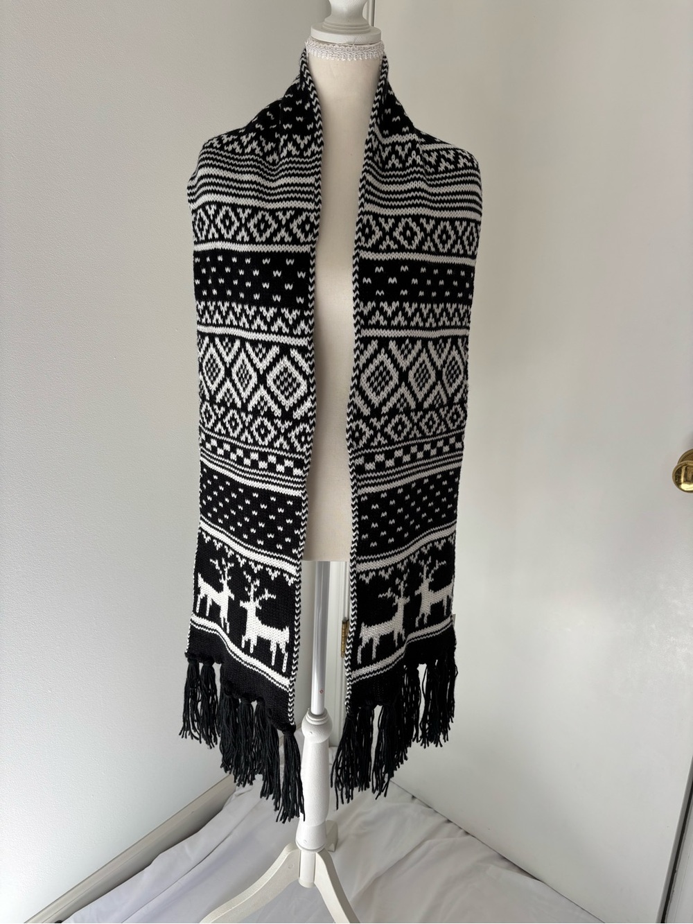 Old Navy Black and White Reindeer Knit Scarf with Fringe